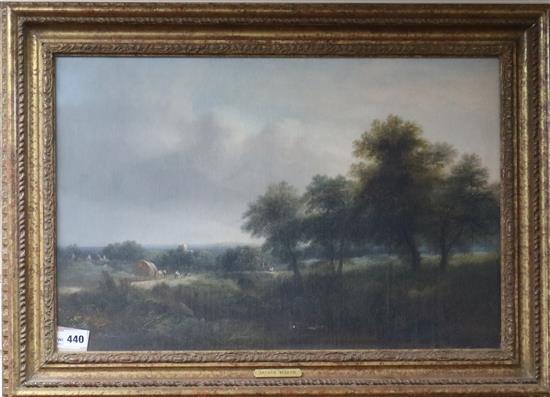 Arthur Beattie (19th century), oil,  Wooded landscape with distant hay wagon